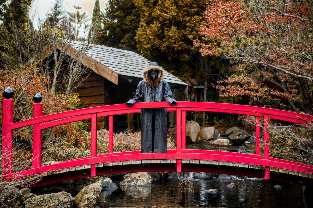 person in plague doctor costume on red brige